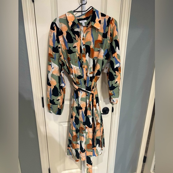 Nine West Abstract Print Tie Waist Midi Shirt Dress Size Large - Picture 2 of 6
